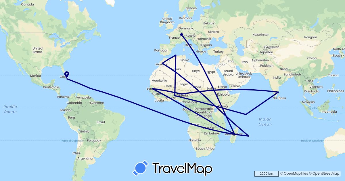 TravelMap itinerary: driving in Benin, Algeria, France, India, Morocco, Madagascar, Martinique, Mauritius, Nigeria, Seychelles, Senegal (Africa, Asia, Europe, North America)